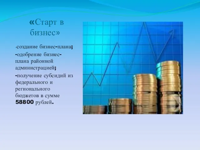 «Старт в бизнес» -создание бизнес-плана; -одобрение бизнес-плана районной администрацией; -получение субсидий из