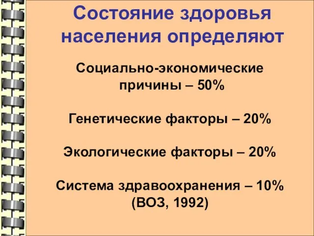 Социально-экономические причины – 50% Генетические факторы – 20% Экологические факторы – 20%