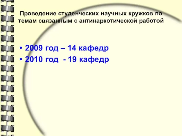 Проведение студенческих научных кружков по темам связанным с антинаркотической работой 2009 год