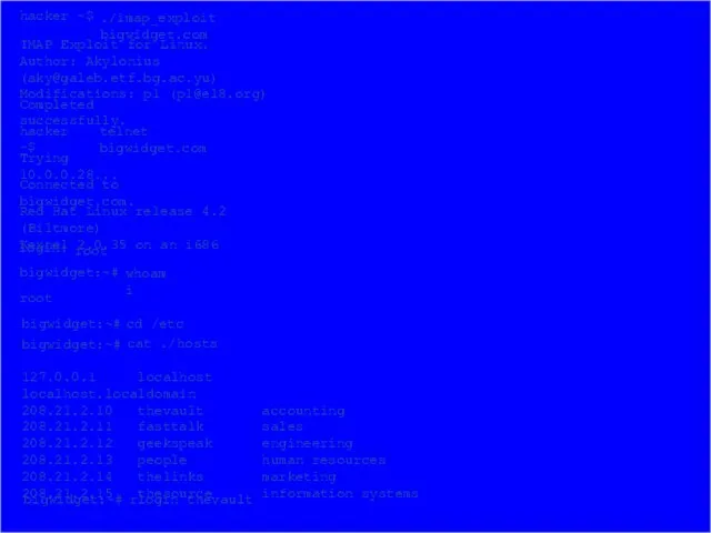 hacker ~$ ./imap_exploit bigwidget.com IMAP Exploit for Linux. Author: Akylonius (aky@galeb.etf.bg.ac.yu) Modifications: