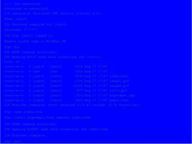 c:\> ftp webcentral Connected to webcentral 220 webcentral Microsoft FTP Service (Version