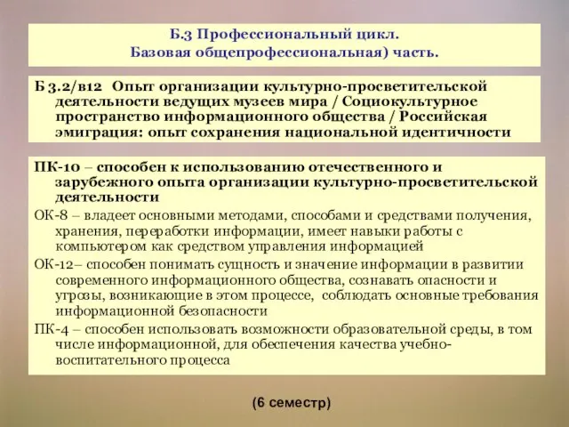 ПК-10 – способен к использованию отечественного и зарубежного опыта организации культурно-просветительской деятельности