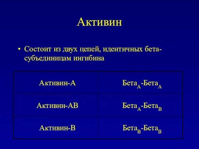 Активин Состоит из двух цепей, идентичных бета-субъединицам ингибина