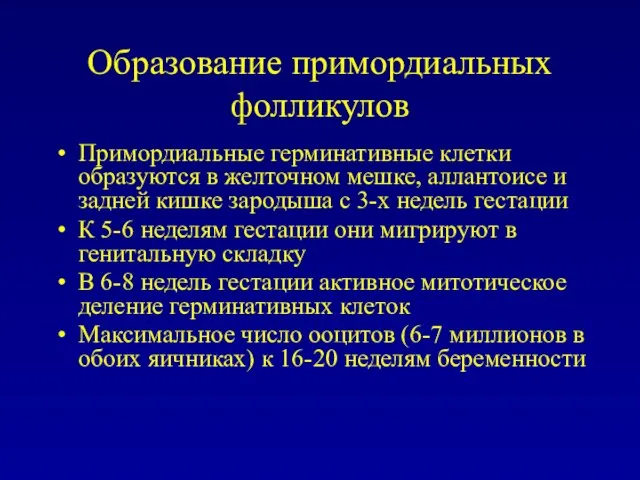 Образование примордиальных фолликулов Примордиальные герминативные клетки образуются в желточном мешке, аллантоисе и