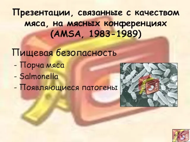 Презентации, связанные с качеством мяса, на мясных конференциях (AMSA, 1983-1989) Пищевая безопасность