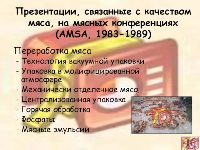 Презентации, связанные с качеством мяса, на мясных конференциях (AMSA, 1983-1989) Переработка мяса