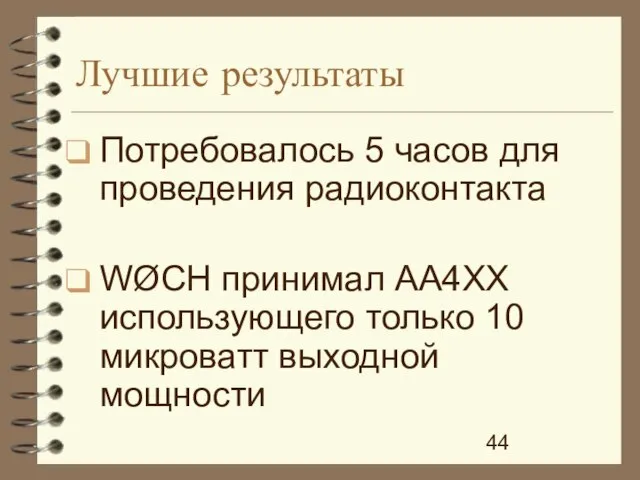 Лучшие результаты Потребовалось 5 часов для проведения радиоконтакта WØCH принимал AA4XX использующего