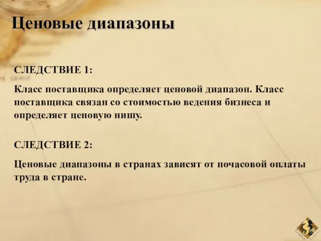 Ценовые диапазоны СЛЕДСТВИЕ 1: Класс поставщика определяет ценовой диапазон. Класс поставщика связан