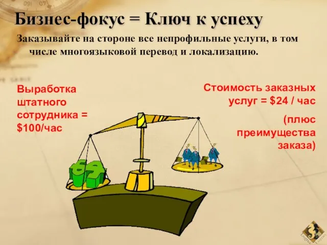 Бизнес-фокус = Ключ к успеху Заказывайте на стороне все непрофильные услуги, в