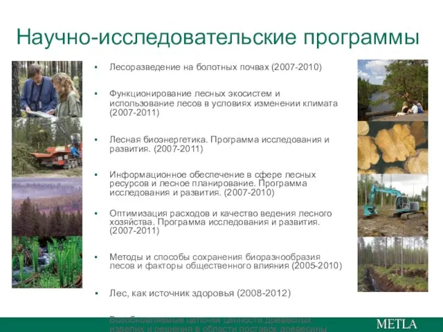 Научно-исследовательские программы Лесоразведение на болотных почвах (2007-2010) Функционирование лесных экосистем и использование