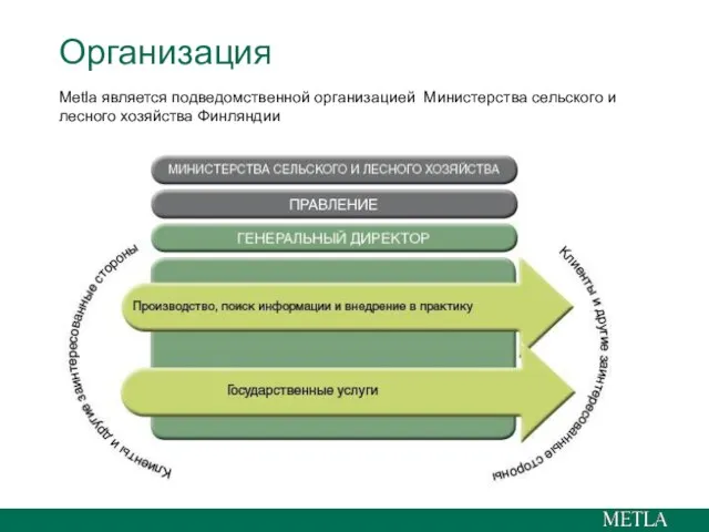 Организация Metla является подведомственной организацией Министерства сельского и лесного хозяйства Финляндии