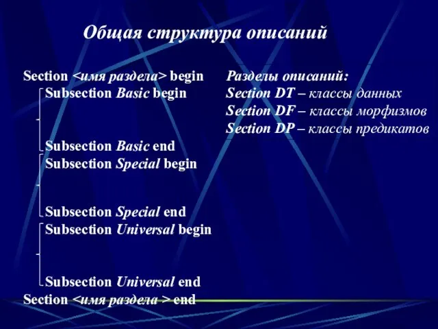 Общая структура описаний Section begin Subsection Basic begin Subsection Basic end Subsection