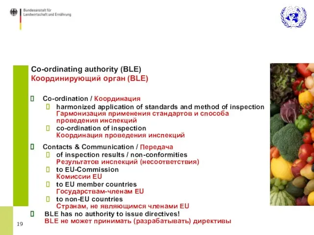 Co-ordinating authority (BLE) Координирующий орган (BLE) Co-ordination / Координация harmonized application of