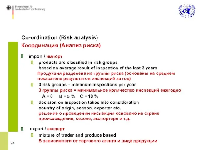 Co-ordination (Risk analysis) Координация (Анализ риска) import / импорт products are classified