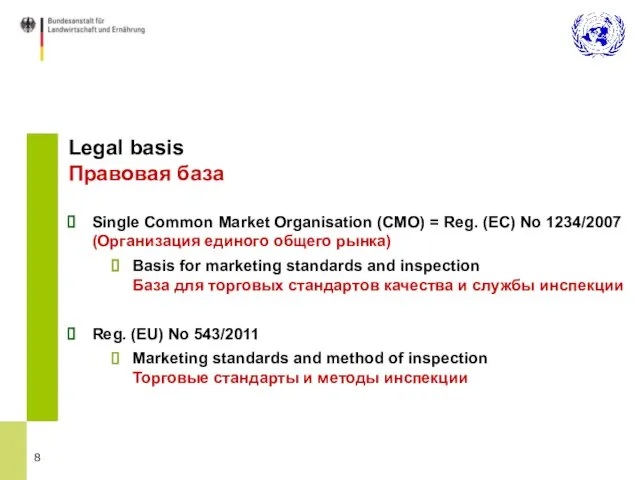 Legal basis Правовая база Single Common Market Organisation (CMO) = Reg. (EC)