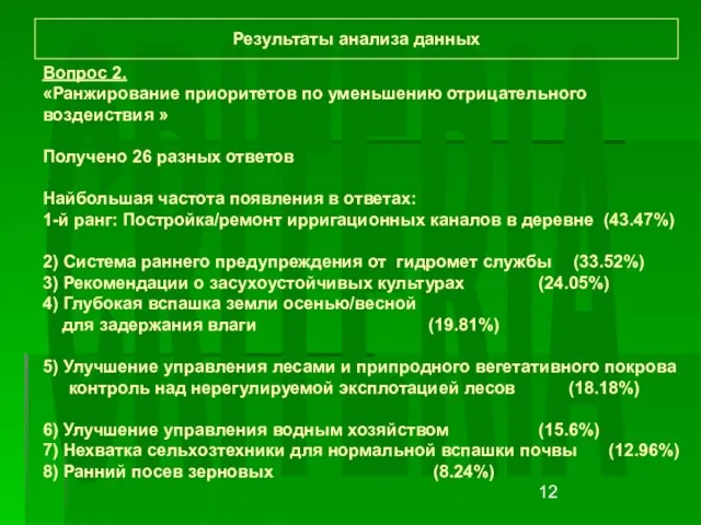 CRITERIA Результаты анализа данных Вопрос 2. «Ранжирование приоритетов по уменьшению отрицательного воздеиствия