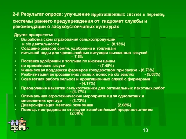 CRITERIA Другие приоритеты: Выработка схем страхования сельхозпродукции и с/х деятельности - (8.13%)