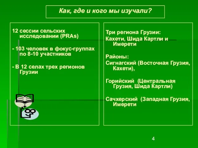 Как, где и кого мы изучали? 12 сессии сельских исследовании (PRAs) -