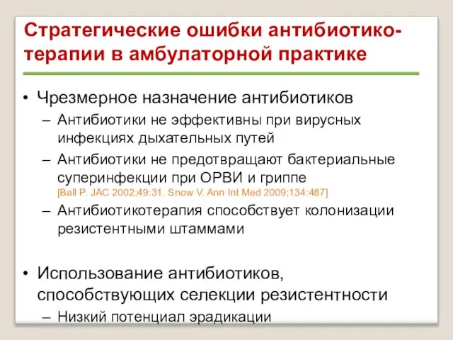 Стратегические ошибки антибиотико-терапии в амбулаторной практике Чрезмерное назначение антибиотиков Антибиотики не эффективны