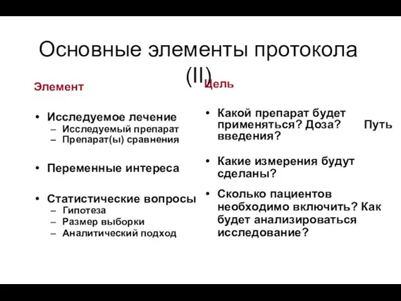 Основные элементы протокола (II) Элемент Исследуемое лечение Исследуемый препарат Препарат(ы) сравнения Переменные