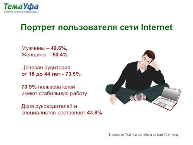 Портрет пользователя сети Internet Мужчины – 49.6%, Женщины – 50.4% Целевая аудитория