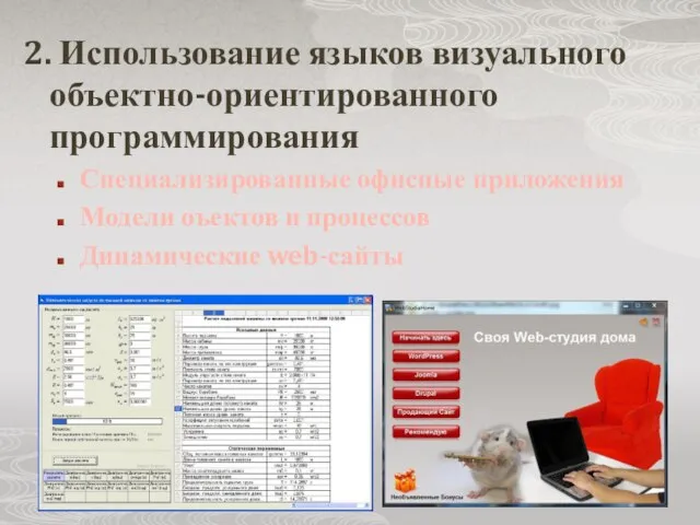 2. Использование языков визуального объектно-ориентированного программирования Специализированные офисные приложения Модели оъектов и процессов Динамические web-сайты