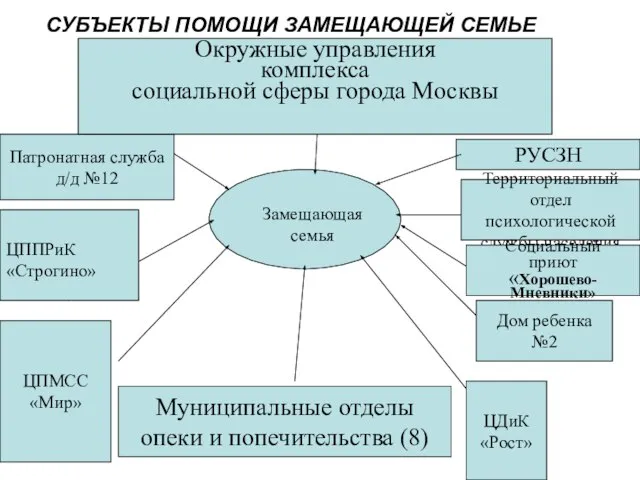 СУБЪЕКТЫ ПОМОЩИ ЗАМЕЩАЮЩЕЙ СЕМЬЕ Замещающая семья Муниципальные отделы опеки и попечительства (8)