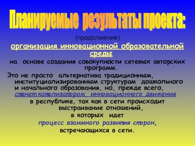 (продолжение) организация инновационной образовательной среды на основе создания совокупности сетевых авторских программ.