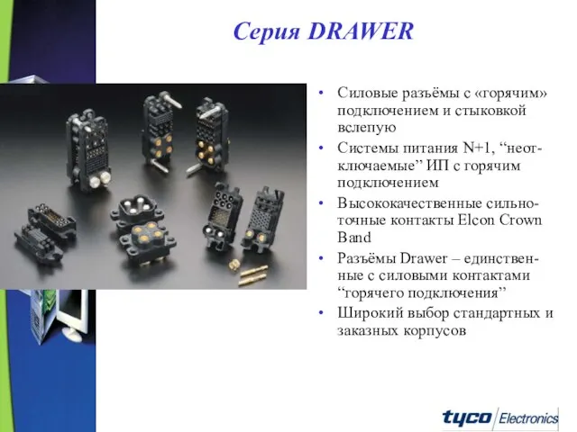 Серия DRAWER Силовые разъёмы с «горячим» подключением и стыковкой вслепую Системы питания