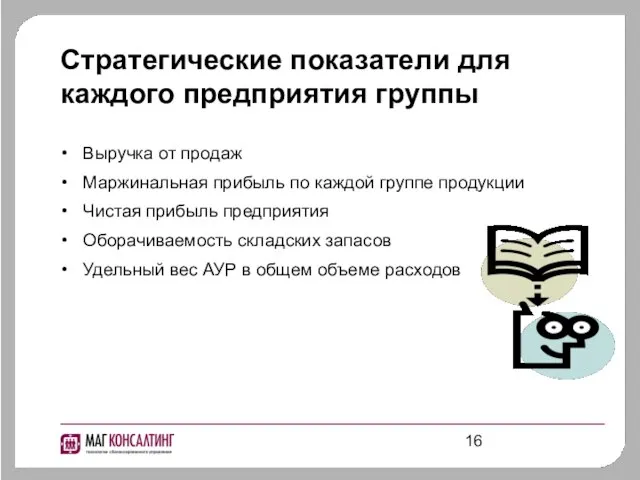 Стратегические показатели для каждого предприятия группы Выручка от продаж Маржинальная прибыль по