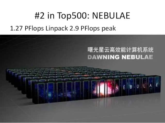 #2 in Top500: NEBULAE 1.27 PFlops Linpack 2.9 PFlops peak