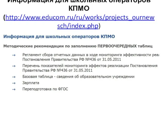 Информация для школьных операторов КПМО (http://www.educom.ru/ru/works/projects_ournewsch/index.php)