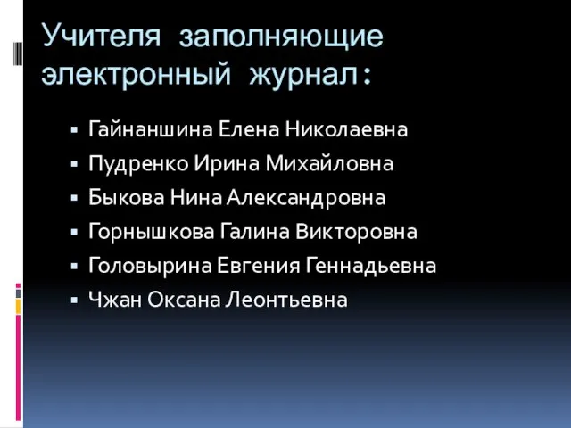 Учителя заполняющие электронный журнал: Гайнаншина Елена Николаевна Пудренко Ирина Михайловна Быкова Нина