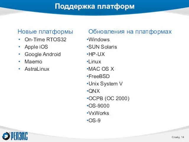 Поддержка платформ Новые платформы On-Time RTOS32 Apple iOS Google Android Maemo AstraLinux