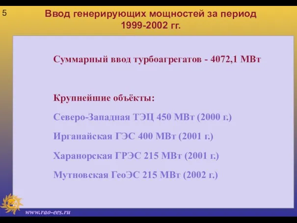 Ввод генерирующих мощностей за период 1999-2002 гг. Суммарный ввод турбоагрегатов - 4072,1