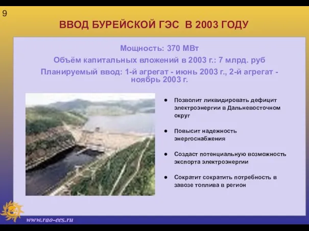 ВВОД БУРЕЙСКОЙ ГЭС В 2003 ГОДУ Позволит ликвидировать дефицит электроэнергии в Дальневосточном