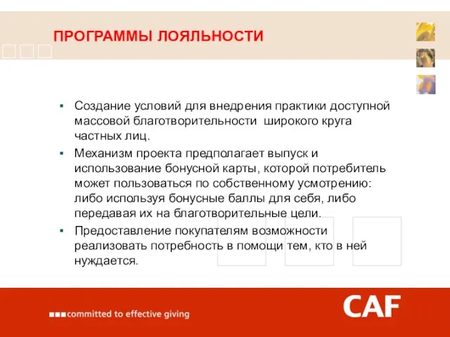 ПРОГРАММЫ ЛОЯЛЬНОСТИ Создание условий для внедрения практики доступной массовой благотворительности широкого круга