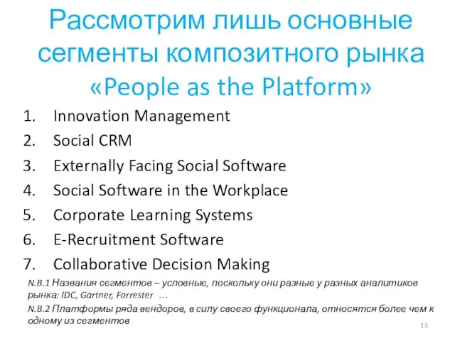 Рассмотрим лишь основные сегменты композитного рынка «People as the Platform» Innovation Management