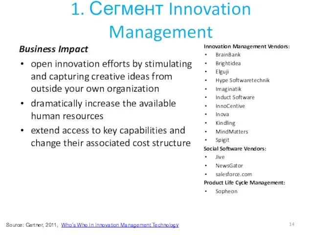 1. Сегмент Innovation Management Business Impact open innovation efforts by stimulating and