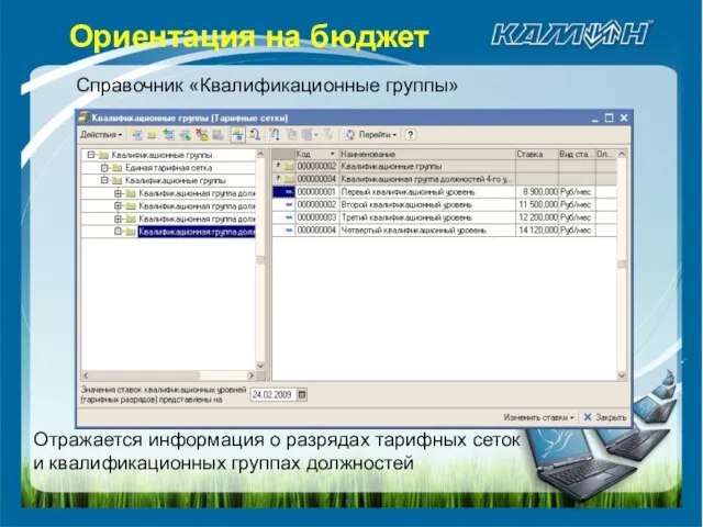 Справочник «Квалификационные группы» Отражается информация о разрядах тарифных сеток и квалификационных группах должностей Ориентация на бюджет