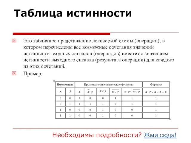 Таблица истинности Это табличное представление логической схемы (операции), в котором перечислены все