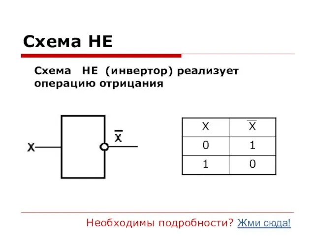 Схема НЕ Схема НЕ (инвертор) реализует операцию отрицания Необходимы подробности? Жми сюда!