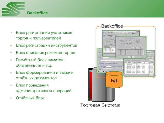 Backoffice Блок регистрации участников торгов и пользователей Блок регистрации инструментов Блок описания