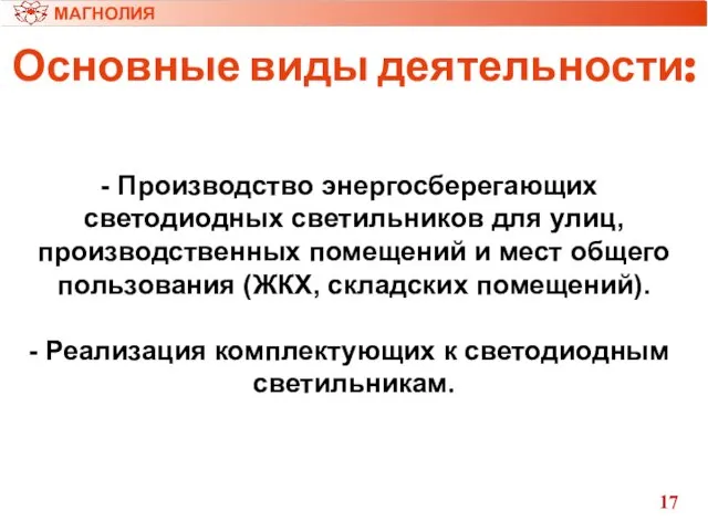 Основные виды деятельности: Производство энергосберегающих светодиодных светильников для улиц, производственных помещений и