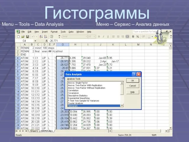 Гистограммы Menu – Tools – Data Analysis Меню – Сервис – Анализ данных