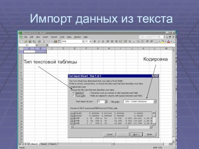 Импорт данных из текста Тип текстовой таблицы Кодировка