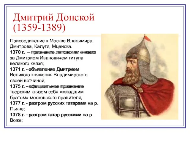 Дмитрий Донской (1359-1389) Присоединение к Москве Владимира, Дмитрова, Калуги, Мценска. 1370 г.