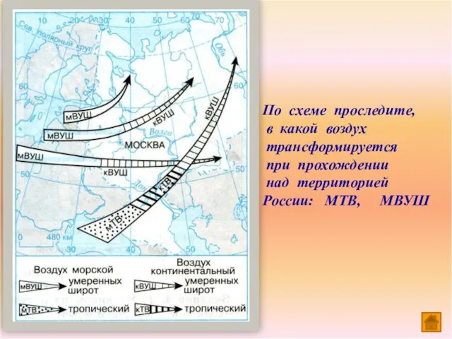 По схеме проследите, в какой воздух трансформируется при прохождении над территорией России: МТВ, МВУШ