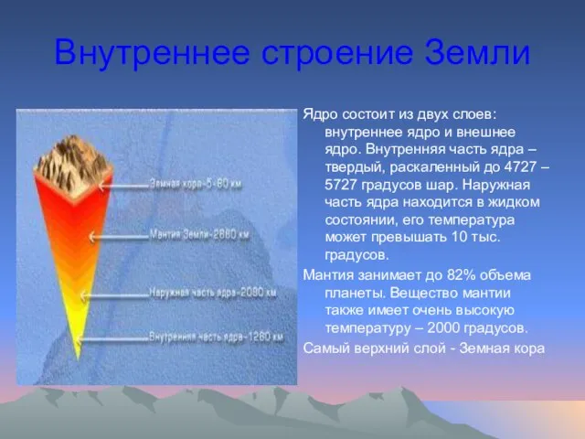 Внутреннее строение Земли Ядро состоит из двух слоев: внутреннее ядро и внешнее